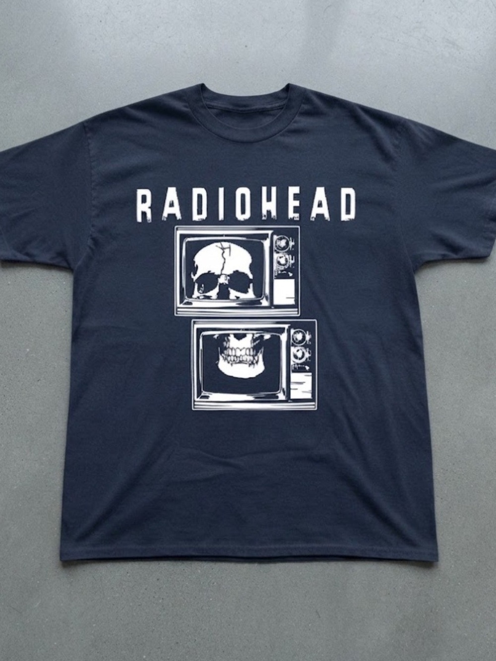 Radiohead Skull TV Stack Graphic Tee Dark Navy Blue Gildan T-Shirt